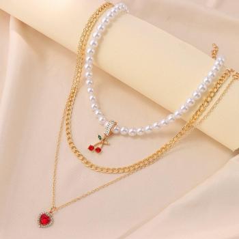 Boho Kristall Herz Kirsche Perlen Halsband für Frauen mehrschichtig Vintage Schmuck