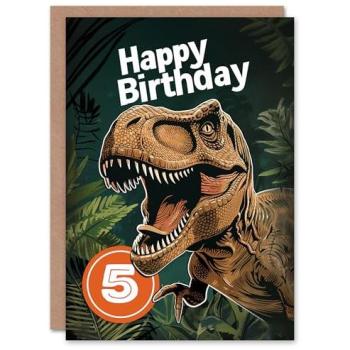 Artery8 Dinosaur Roaring T‑Rex Birthday Card – 5-Year-Old Jungle Adventure for Boys & Girls