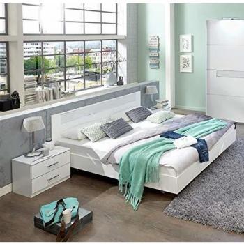 Lit PEGANE adulte 140 x 200 cm avec chevets coloris blanc, verre blanc + chrome