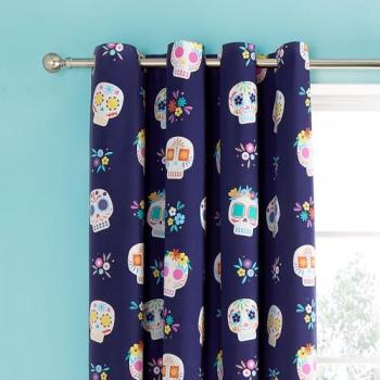 Catherine Lansfield Sugar Skull Fiesta Reversible Eyelet Curtains Purple 66cm W X 183cm H