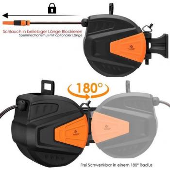 KESSER® Wasserschlauchautomatik: Schlauchtrommel, 2-Wege-Verteiler, 180° Schwenkbar, Wandmontage, Orange