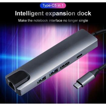 Concentrador USB C 5 en 1 con HDMI 4K, USB 3.0, RJ45 y carga PD