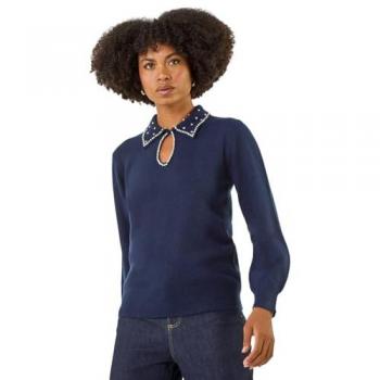 Veste pull à col perlé « Roman Pull» – Bleu Fausse Perle