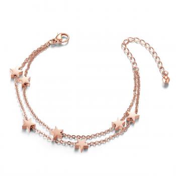 Bracelet de Cheville SWEETIEE en Acier Titane avec Doubles Chaines Ornées d'Etoiles, Or Rose, 200mm