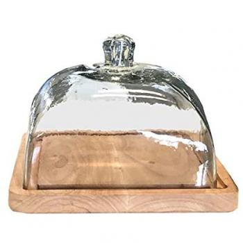Plateau à Fromage ou Gâteau en Bois avec Cloche en Verre Transparent 24x20x23cm