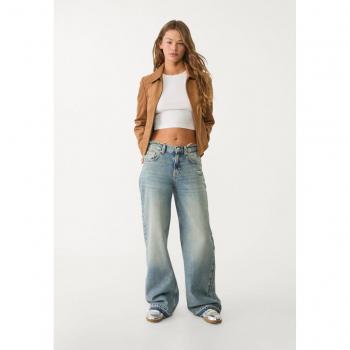 Stradivarius Destroyed Straight Wide‑Leg Jeans (Medium Light Blue Denim) – 0