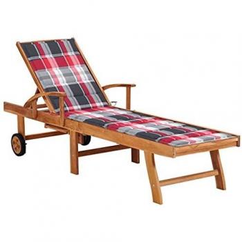 Bois de Teck Chaise Longue robuste, coussin décoratif carreaux rouges – patio