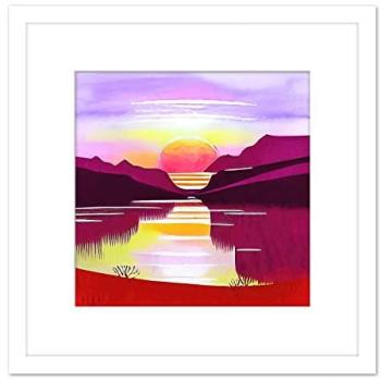 Serene Lake Horizon – 8x8 Watercolor Framed Picture in White