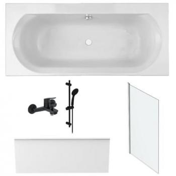 Pack baignoire JACOB DELAFON 170 × 75 Elise + Kit d’accessoires noirs (mitigeur, tablier, niche, pare-bain chromé, vidage)