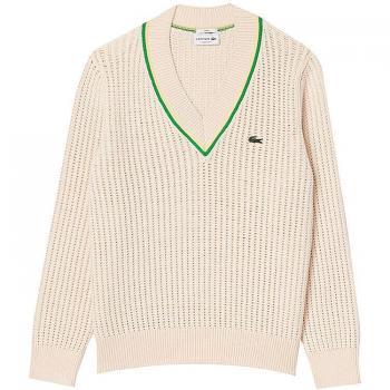 Creme Lacoste Strickpullover mit V‑Ausschnitt – Herren, M