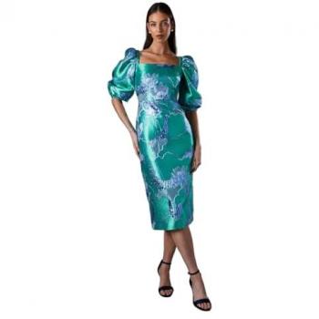 Seaside Serenity Bubble Sleeve Jacquard Dress, Green, Size 8
