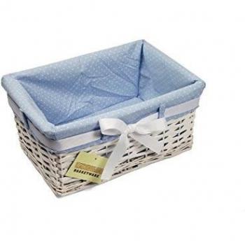 Woodluv White Willow Wicker Hamper Basket with Blue Fabric & Ribbon (Gift Size)