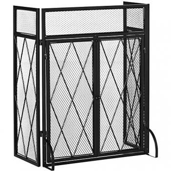 Pare-feu large pliable en métal noir avec portes pour cheminée ou poêle