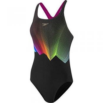 Maillot de Bain Speedo Imprimé Medalist pour Femmes, Noir/Rose Électrique/Rouge Lave/Mangue/Vert Lueur, FR : M