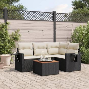 5 Piece Outdoor Sofa Set with Cushions in Black Poly Rattan