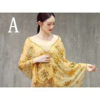 Châle de soirée femme Cheongsam rouge or bleu avec frange