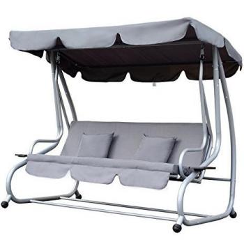 Outsunny Balancelle de Jardin 3 Places Convertible Toit imperméabilisé Inclinaison réglable 2 tablettes Support Métal époxy Noir Polyester Gris