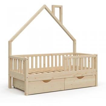 Cama Noemi, forma de casa, Madera natural, 70x140 cm, 2 cajones