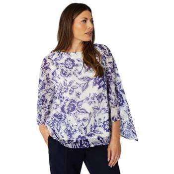 Women's Blue Floral Dobby Tie Sleeve Top