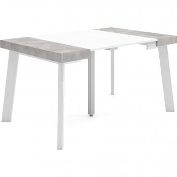 Table console extensible 140 x 90 × 726 mm, capacité 6 personnes, pieds en bois, finition blanche et ciment – RF3124
