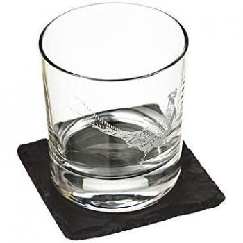 Engraved Pheasant Glass Tumbler and Slate Coaster Set