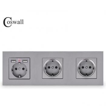 COSWALL 3-Gang EU Socket with Dual USB Ports and LED Indicator