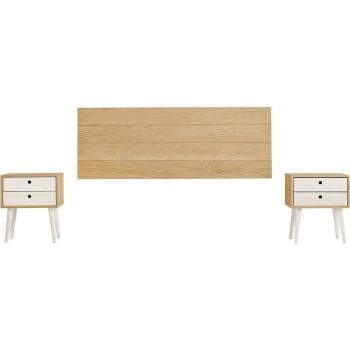 Cama con Cabecero de Madera Maciza Natural + Mesitas de Dos Cajones