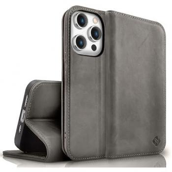 Echtleder‑Hülle „Magnet Flip“ Nalia – iPhone 15 Pro Max, Grau