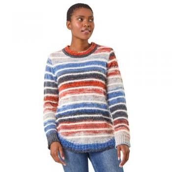 Roman Blue Fluff‑Stripe Curve Hem Knitwear