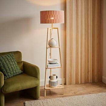 Valuelights Hiru Shelved Tripod Floor Lamp, Orange Checker Bamboo Lampshade