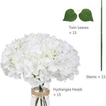 Fake Silk Hydrangea Flower Heads with Leaves for Home and Wedding