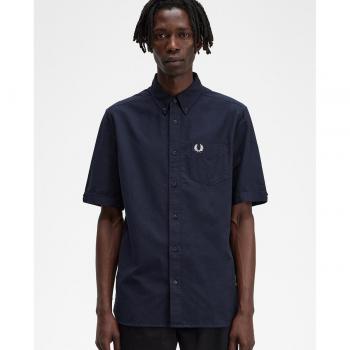 Fred Perry Herren Marineblaues Oxfordhemd mit kurzen Ärmeln M