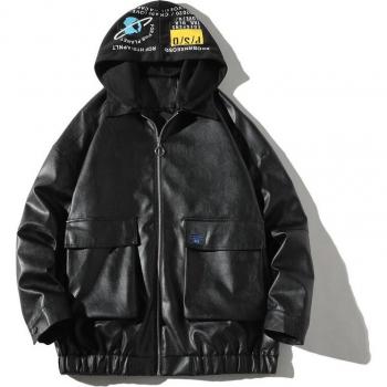 Chaqueta de Cuero con Cremallera y Capucha