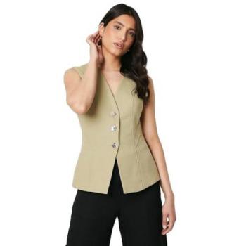 Neutral Longline Tailored Sleeveless Blazer for Women