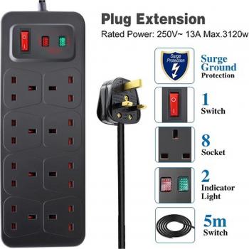 Extrastar 8 Gang Switched Surge-Protected Extension Lead 5m Black, 13A