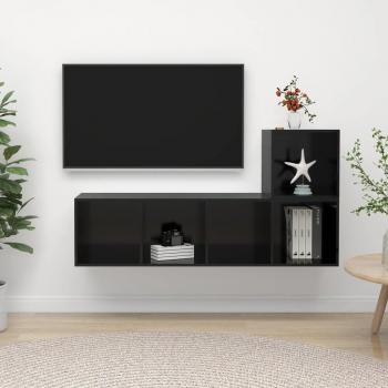 Moderne 2‑teilige Fernsehwand mit Spanplattenrahmen – Hochglanz Schwarz