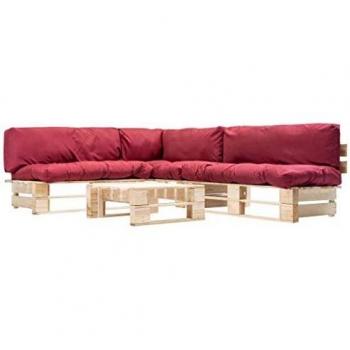 Kit patio en palettes – 4 canapés de jardin, coussins rouges, support en bois
