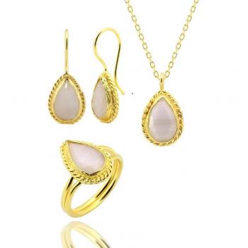 Damen Dreifach-Set mit weißen Tropfen in echtem Silber