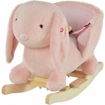 Dondolo Bambino 3‑in‑1: Legno, Peluche Coniglio, Effetti Sonori Rosa