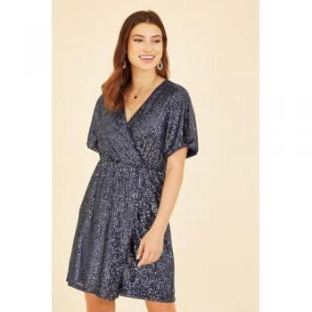Navy Sequin Kimono Sleeve Wrap Dress by Mela London