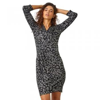 Metallic Leopard Print V-Neck Midi Stretch Dress for Women