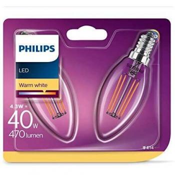Philips E14 Ampoule LED Flamme Filament 4.3W Pack de 2, Equivalent 40W, Claire Blanc Chaud