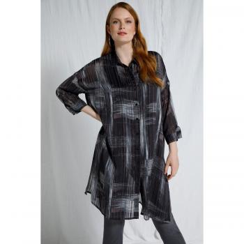 Camicia oversize con maniche 3/4 a quadri, Donna, Marrone, Taglia 56/58, Poliestere