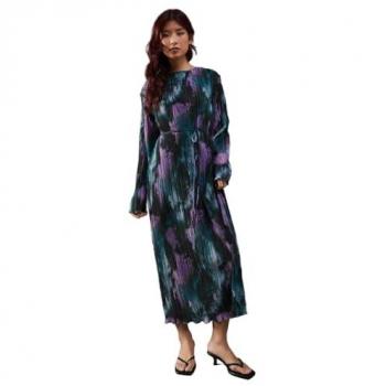Belted Multicolour Marble Plisse Midi Dress for Women