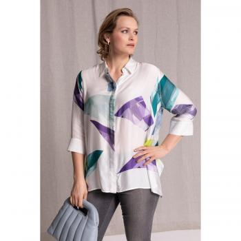 Ulla Popken Women's Plus-Size Prism Print Sharkbite Hem Blouse – Beige, Viscose, 28/30