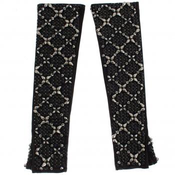 Black Leather Crystal Beaded Finger Free Gloves