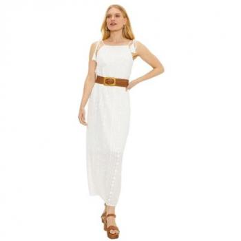 Oasis Women's White Cotton Floral Textured Midi Dress with Tie Shoulders