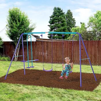 Outsunny Purple Metal Swing and Seesaw for Children