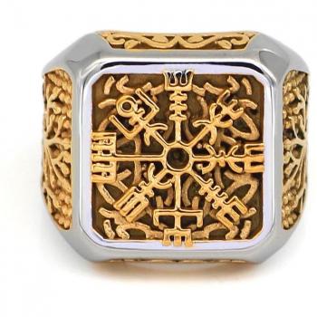 Edelstahl Männer Vegvisir Yggdrasil Ring im Wikinger-Stil mit Valknut Tasche