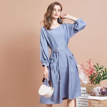 Sérum Vintage : robe longue femmes à manches longues – coloris uni, ceinture assortie LA15197Q